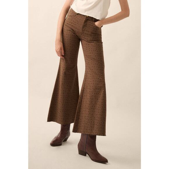 Promesa Chocolate Size Medium Floral Twill Cropped High-Waist Flare Pants - Picture 1 of 6